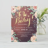 Baby shower Elegant Floral String Lights Burgundy Kaart (Staand voorkant)