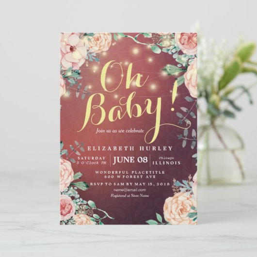 Baby shower Elegant Floral String Lights Burgundy Kaart (Staand voorkant)