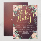 Baby shower Elegant Floral String Lights Burgundy Kaart (Voorkant / Achterkant)