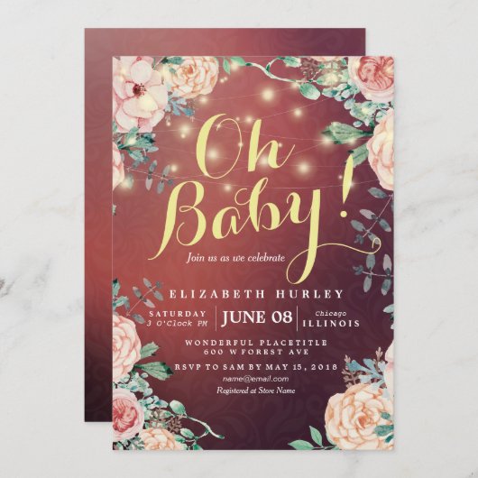 Baby shower Elegant Floral String Lights Burgundy Kaart (Voorkant / Achterkant)