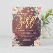 Baby shower Elegant Floral String Lights Burgundy Kaart (Staand voorkant)