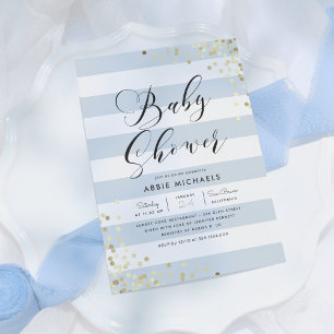 Baby Shower   Elegant Gold Confetti & Blue Stripes Kaart