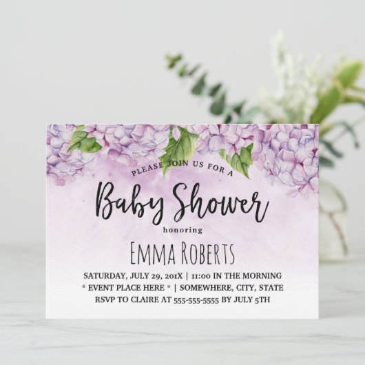 Baby shower Elegant Paars Hydrangea Floral Kaart (Staand voorkant)
