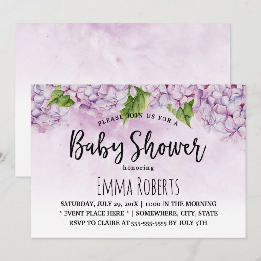 Baby shower Elegant Paars Hydrangea Floral Kaart (Voorkant / Achterkant)