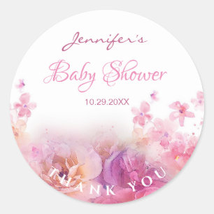 Baby shower Elegant Script Waterverf Flowers Roos Ronde Sticker