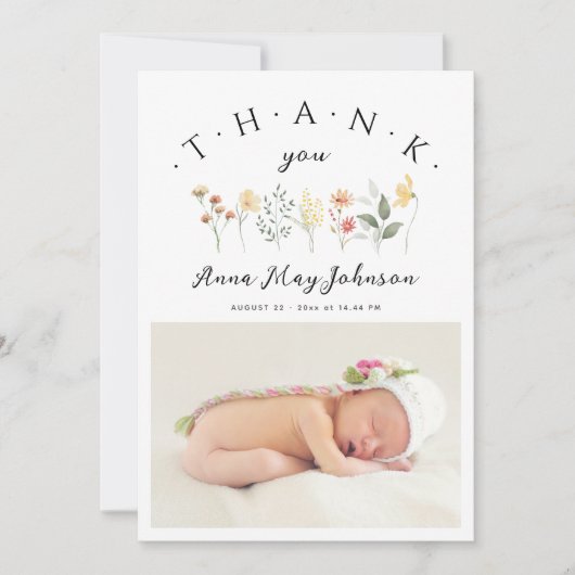 Baby shower Elegant Script Wildflower Foto Bedankkaart (Voorkant)