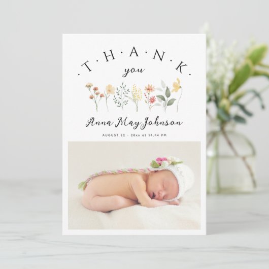 Baby shower Elegant Script Wildflower Foto Bedankkaart (Staand voorkant)