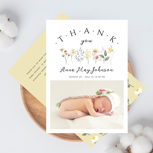 Baby shower Elegant Script Wildflower Foto Bedankkaart