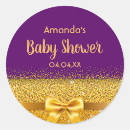 Baby shower elegant violet paars met gouden boog ronde sticker