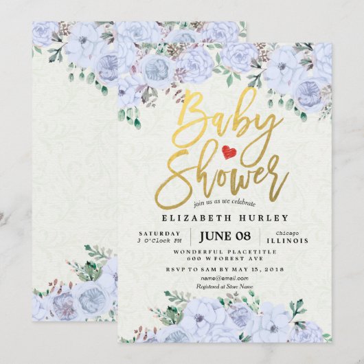 Baby shower Elegant Waterverf Floral Gold Script Kaart (Voorkant / Achterkant)