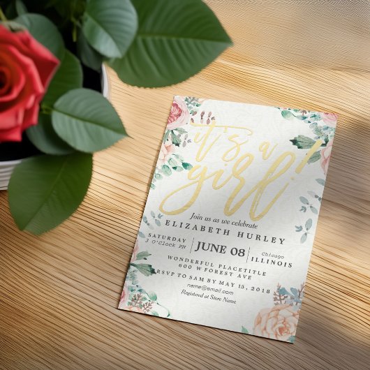 Baby shower Elegant Waterverf Floral Gold Script Kaart