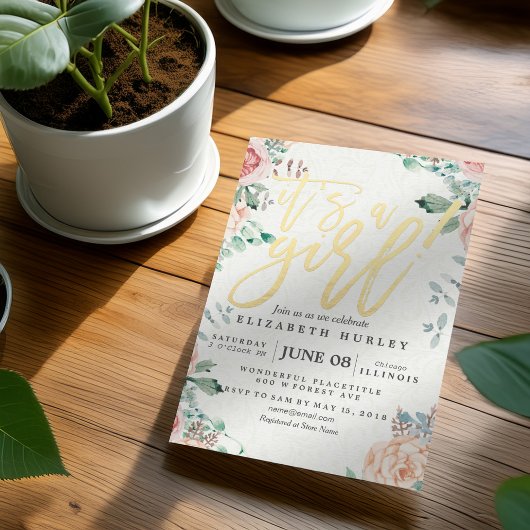 Baby shower Elegant Waterverf Floral Gold Script Kaart