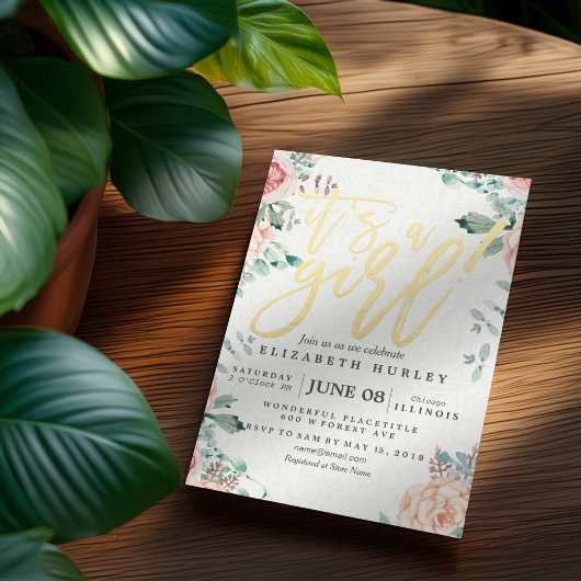 Baby shower Elegant Waterverf Floral Gold Script Kaart