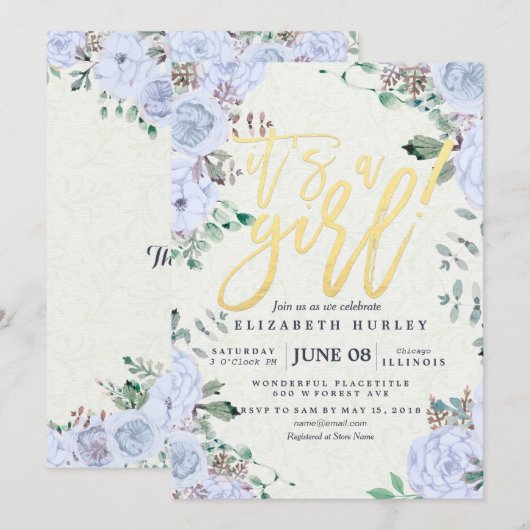 Baby shower Elegant Waterverf Floral Gold Script Kaart (Voorkant / Achterkant)