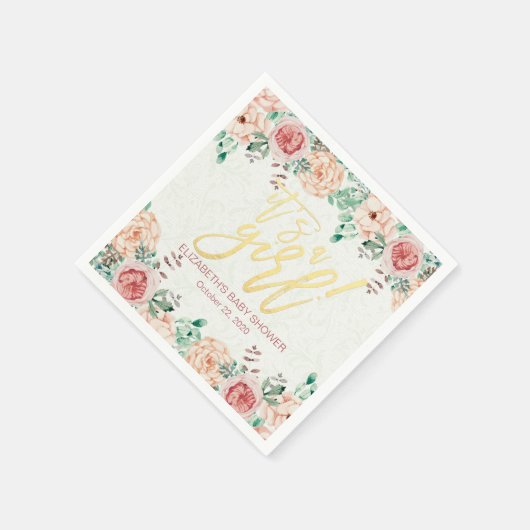 Baby shower Elegant Waterverf Floral Gold Script Servet (Hoek)