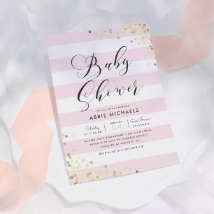 Baby Shower   Elegante Gouden Confetti & Roze Stre Kaart