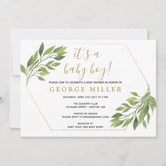 Baby shower elegante groen en gouden uitnodiging (Voorkant)