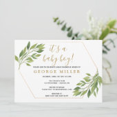 Baby shower elegante groen en gouden uitnodiging (Staand voorkant)