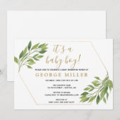 Baby shower elegante groen en gouden uitnodiging (Voorkant / Achterkant)