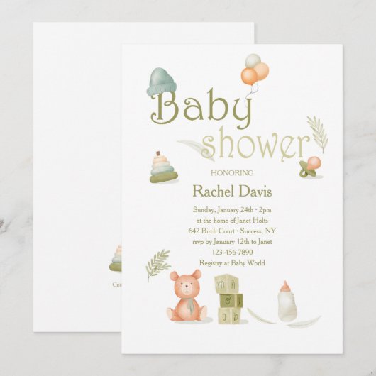 Baby shower Elementen in de Waterverf Kaart (Voorkant / Achterkant)