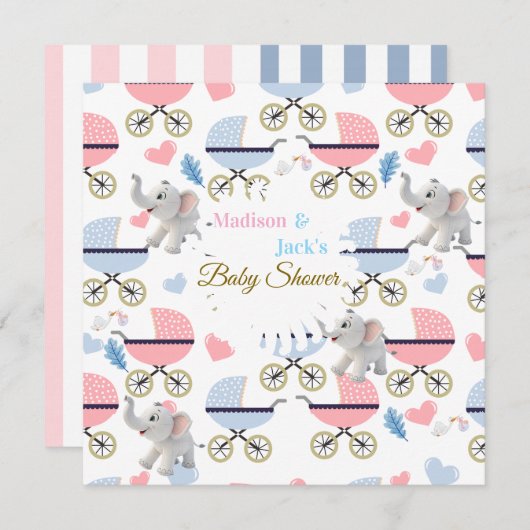 Baby Shower Elephant Baby StrollerCard Invitation  Kaart (Voorkant / Achterkant)