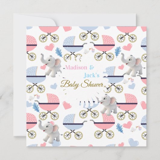 Baby Shower Elephant Baby StrollerCard Invitation Kaart (Voorkant)