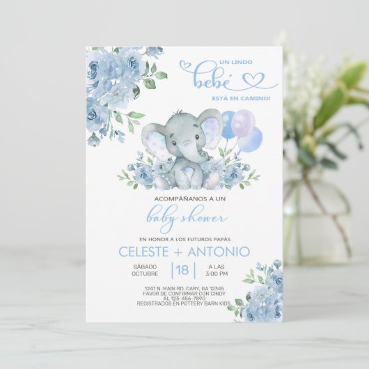 Baby shower Elephant & ballon boy Spaans Kaart (Staand voorkant)