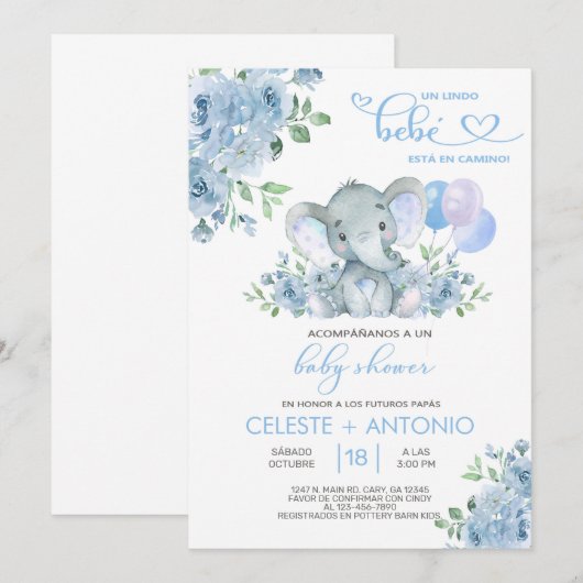 Baby shower Elephant & ballon boy Spaans Kaart (Voorkant / Achterkant)