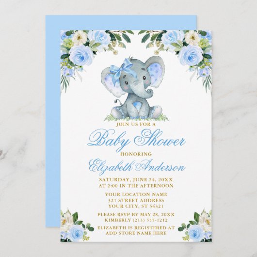 Baby shower Elephant Bow Blue Floral Gold Kaart (Voorkant / Achterkant)