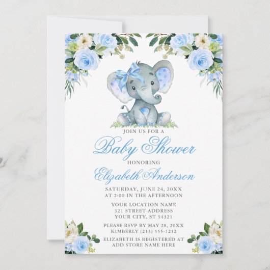 Baby shower Elephant Bow Blue Floral Kaart (Voorkant)