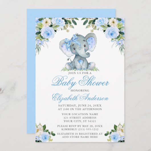 Baby shower Elephant Bow Blue Floral Kaart (Voorkant / Achterkant)