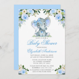 Baby shower Elephant Bow Blue Floral Kaart