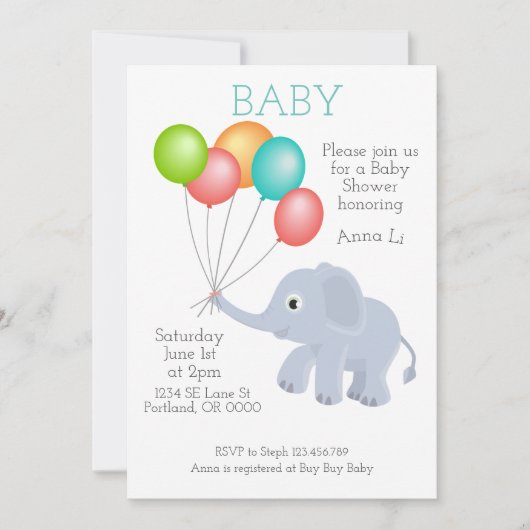 Baby shower Elephant Invitation Kaart (Voorkant)