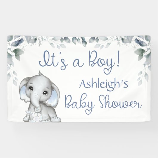 Baby shower Elephant ITS A BOY Botanical Blue Spandoek (Horizontaal)