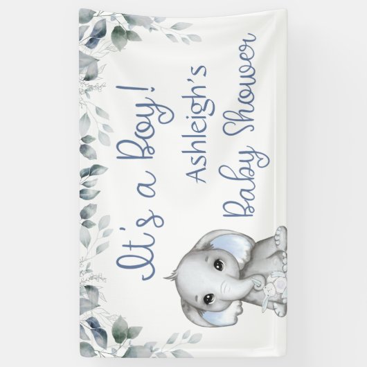Baby shower Elephant ITS A BOY Botanical Blue Spandoek (Verticaal)