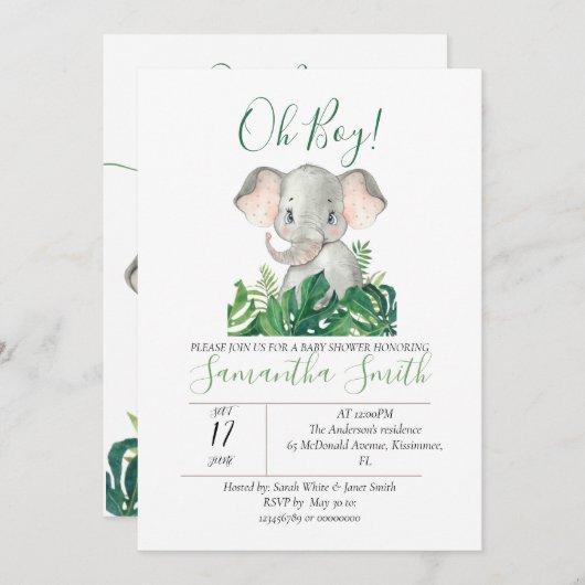 Baby shower Elephant Oerwoud Green Invitation Kaart (Voorkant / Achterkant)