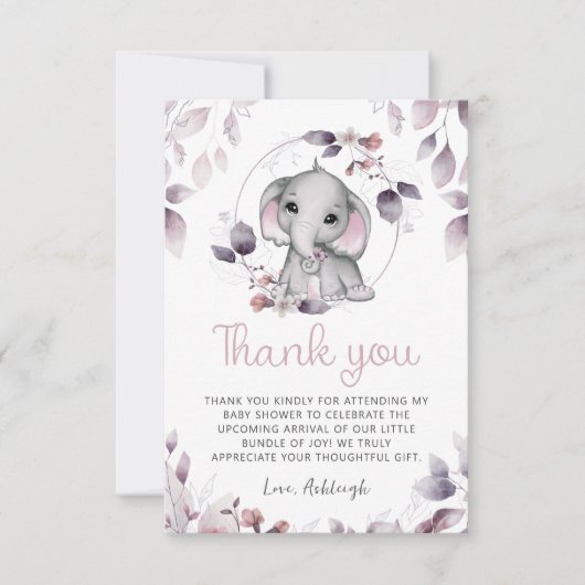 Baby shower Elephant Pink Violet Bedankkaart (Voorkant)