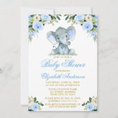 Baby shower Elephant Waterverf Blue Floral Gold Kaart (Voorkant)