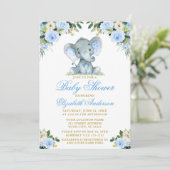 Baby shower Elephant Waterverf Blue Floral Gold Kaart (Staand voorkant)