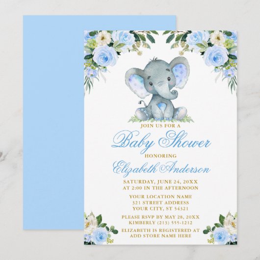 Baby shower Elephant Waterverf Blue Floral Gold Kaart (Voorkant / Achterkant)