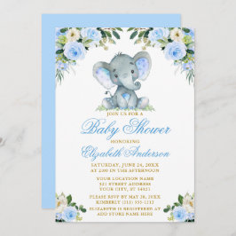 Baby shower Elephant Waterverf Blue Floral Gold Kaart