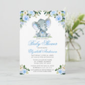 Baby shower Elephant Waterverf Blue Floral Silver Kaart (Staand voorkant)