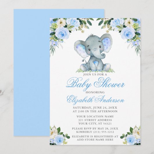 Baby shower Elephant Waterverf Blue Floral Silver Kaart (Voorkant / Achterkant)