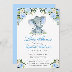 Baby shower Elephant Waterverf Blue Floral Silver Kaart