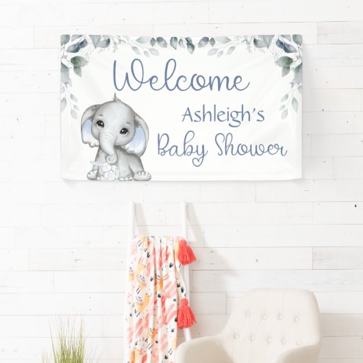 Baby shower Elephant Waterverf Botanisch blauw Spandoek (Insitu)