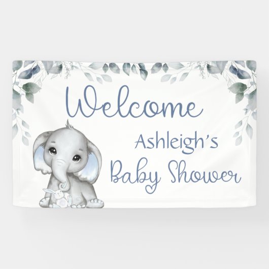 Baby shower Elephant Waterverf Botanisch blauw Spandoek (Horizontaal)