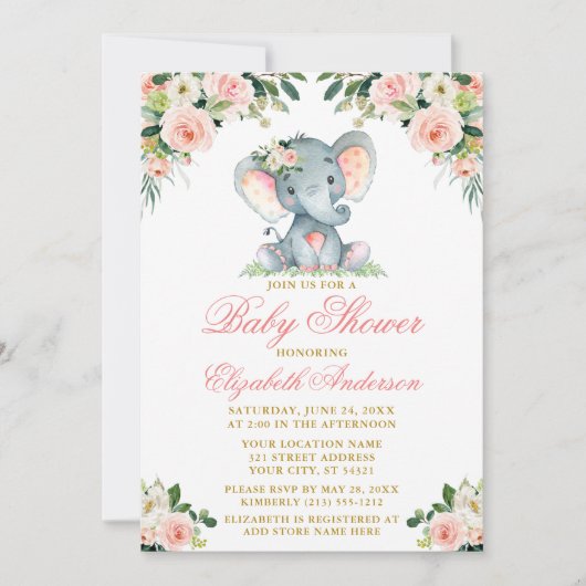 Baby shower Elephant Waterverf Roze Floral Gold Kaart (Voorkant)