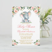 Baby shower Elephant Waterverf Roze Floral Gold Kaart (Staand voorkant)