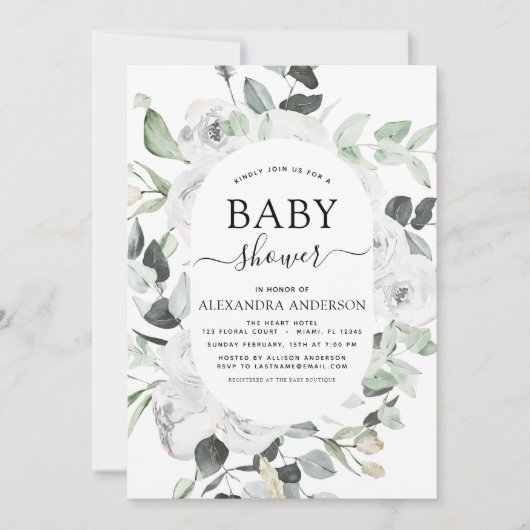 Baby shower Eucalyptus Bloemen Wit Rozen Groen Kaart (Voorkant)