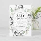 Baby shower Eucalyptus Bloemen Wit Rozen Groen Kaart (Staand voorkant)